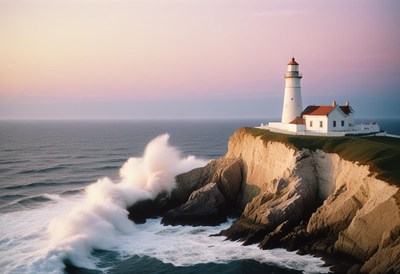 Lighthouse on cliff at sunset