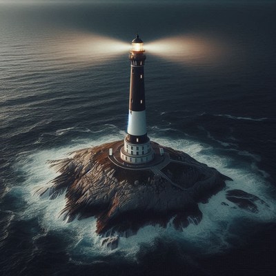 Lighthouse on rocky island at dusk