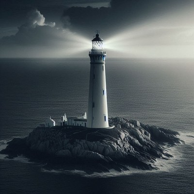 Lighthouse shining on rocky island