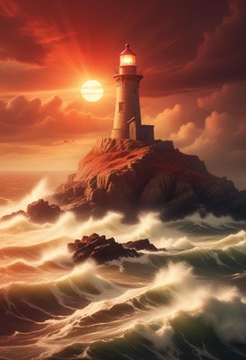 Lighthouse on rocky coast at sunset