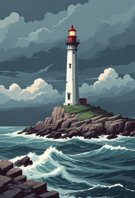 Lighthouse on rocky coast under stormy sky