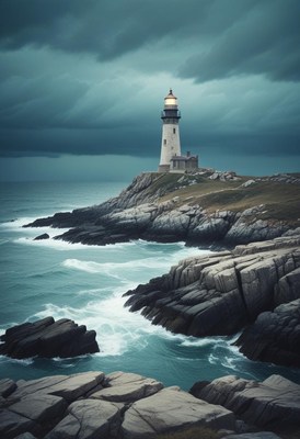 Lighthouse on rocky coast under stormy sky