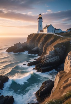 Lighthouse on cliffside at sunset