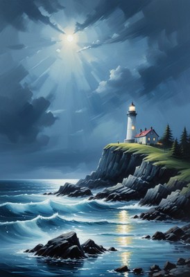 Lighthouse on a rocky coast at night