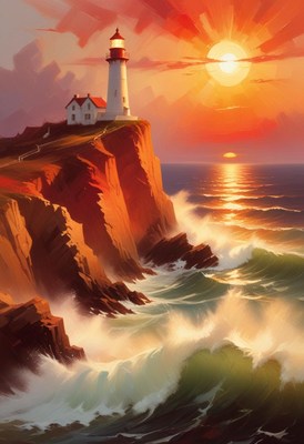 Lighthouse on a cliff at sunset
