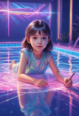 Girl drawing on pool surface at night