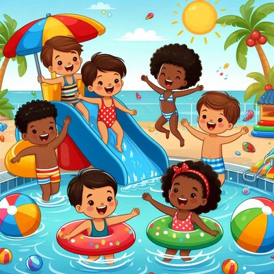 Kids playing in pool on summer day