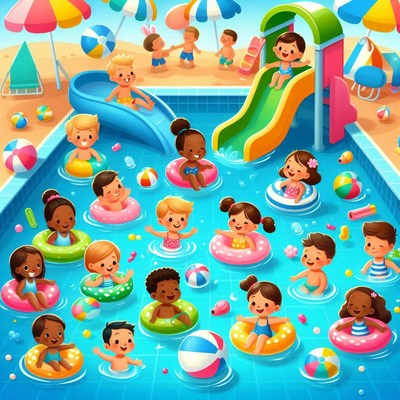 Children playing in pool on summer day