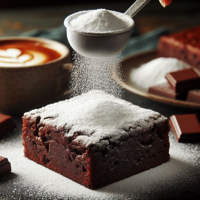 Powdered sugar on chocolate brownie