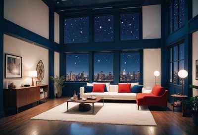 Modern living room with night city view