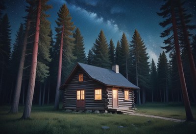 Cabin in the forest at night