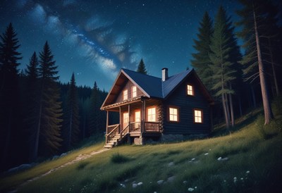Nighttime cabin in the woods
