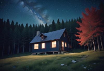 Cabin in the woods at night