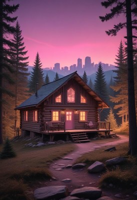 Cabin in the woods at sunset