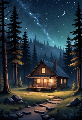 Cabin in the woods at night