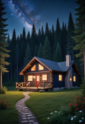 Nighttime cabin in the woods