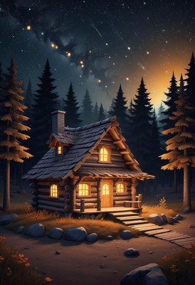 Cozy cabin in forest at night
