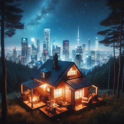 Cabin escape in city skyline