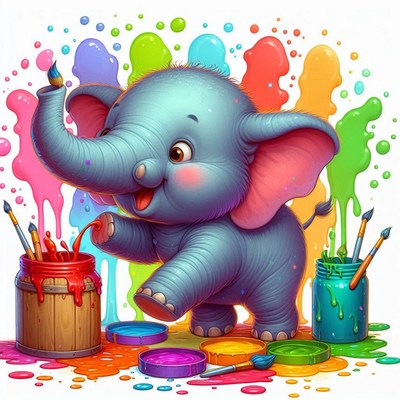 Baby elephant painting with brushes