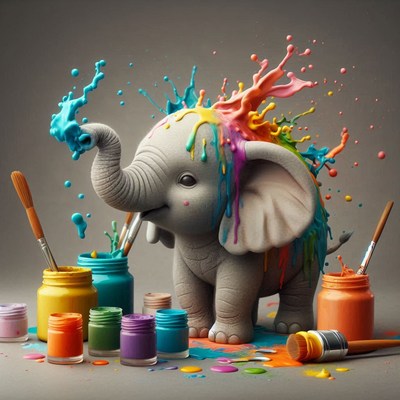 Elephant covered in colorful paint splashes