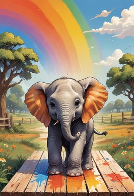 Baby elephant walking on rainbow path