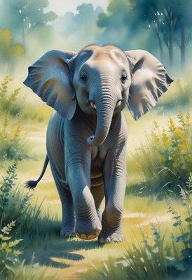 Elephant calf walking through grass