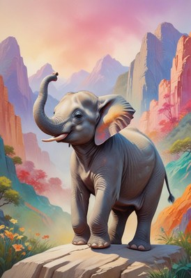 Young elephant standing on rock in mountain landscape