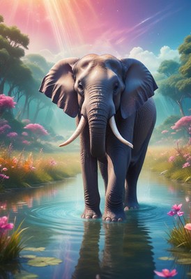 Elephant walking through stream