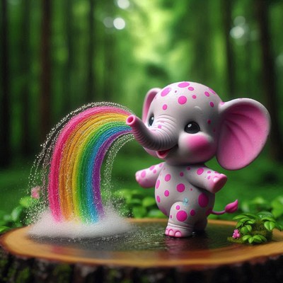 Pink elephant sprays rainbow