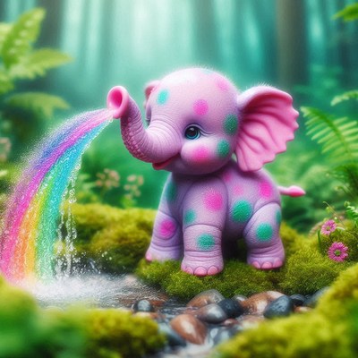 Spotted elephant sprinkling rainbow
