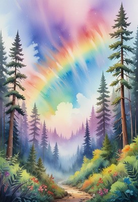 Rainbow sky over forest path