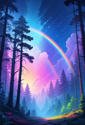 Double rainbow over forest at dusk