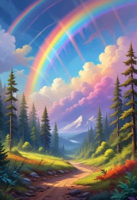Rainbow over mountain forest path