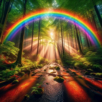 Rainbow over forest stream