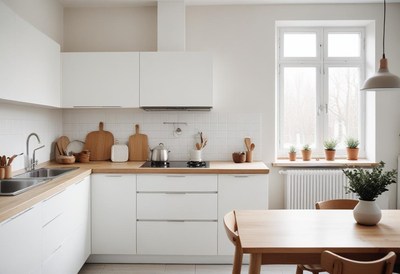 Modern white kitchen with wooden accents