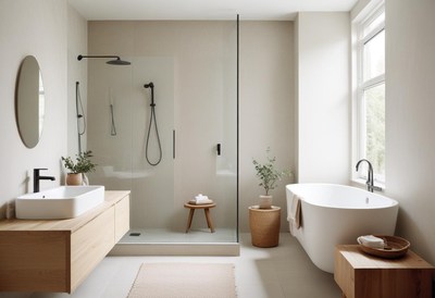 Modern bathroom with walk-in shower and freestanding tub