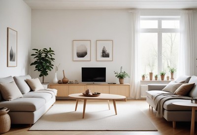 Modern living room with white walls and natural light