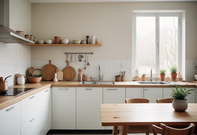 Modern kitchen with white cabinets and wooden accents