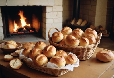 Fresh bread by fireplace
