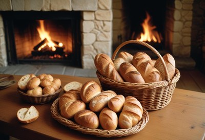 Fresh bread by the fireplace
