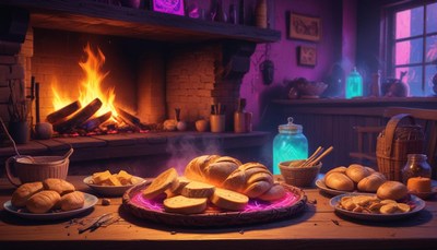 Cozy cottage dinner by fireplace