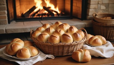 Freshly baked rolls near fireplace