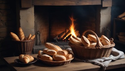 Baskets of bread by fireplace