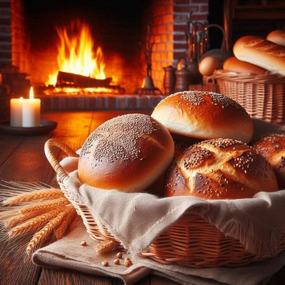 Fresh bread by fireplace
