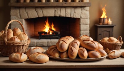 Warm bread by fireplace