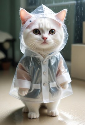 White cat wearing raincoat
