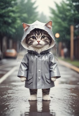 Cat in raincoat on rainy street