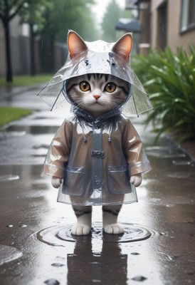 Cat in raincoat standing in puddle