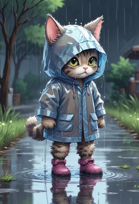 Cat in a raincoat on a rainy day