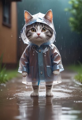 Cat in raincoat on rainy day